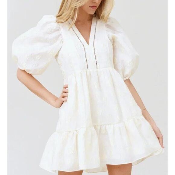 HUNTER BELL Sz L Large Gaille Cream Short Puff Sleeve Jacquard Dress - Picture 11 of 12